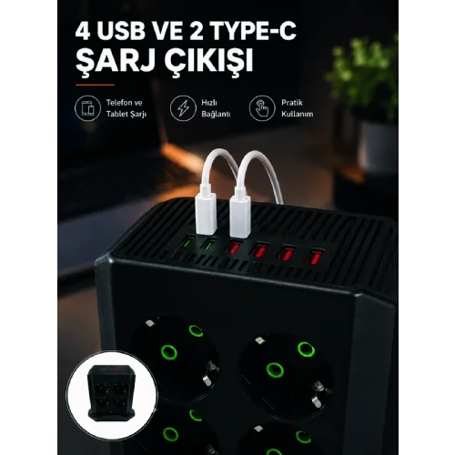 Mey İthalat® 8li Dikey Çoklu Priz 4 USB 2 Type-C Akım Korumalı Anahtarlı Priz