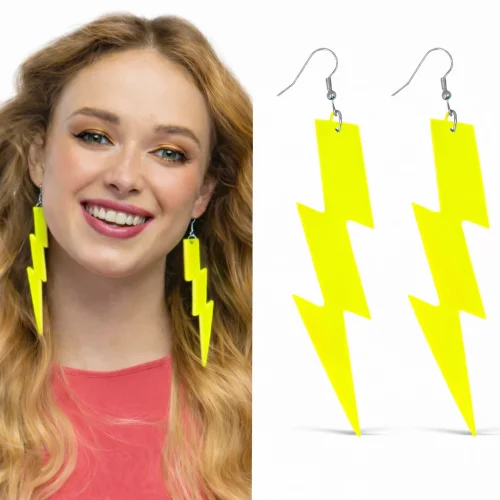 Mey İthalat® 80’ler 90'lar Retro Neon Sarı Şimşek Küpe 10 cm