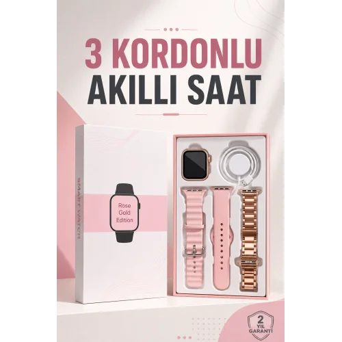 Mey İthalat® Akıllı Saat Amoled Ekran 3 Kordonlu Aksesuar Hediyeli Sesli Görüşme