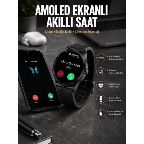Mey İthalat® Akıllı Saat Amoled Ekran 3 Kordonlu NFC Ve GPS Uyumlu