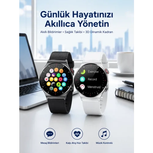 Mey İthalat® Akıllı Saat Amoled Ekran Bluetooth Bağlantılı Sesli Görüşme Nabız Ölçer
