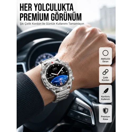 Mey İthalat® Akıllı Saat Çelik Kordonlu Amoled Ekran Android ve İOS Uyumlu Çağrı Cevaplayabilen Yeni Nesil