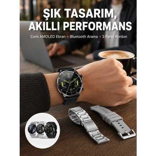 Mey İthalat® Akıllı Saat Çoklu Kordon Seçeneği Amoled Ekran Çok Fonksiyonlu Bluetooth Bağlantılı Yeni Nesil