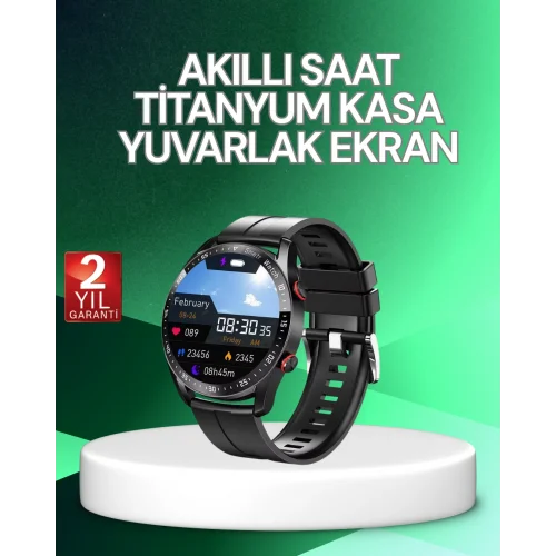 Mey İthalat® Akıllı Saat Titanyum Kasa Yuvarlak Ekran Alarm Uyku ve Sağlık Takibi Titreşimli