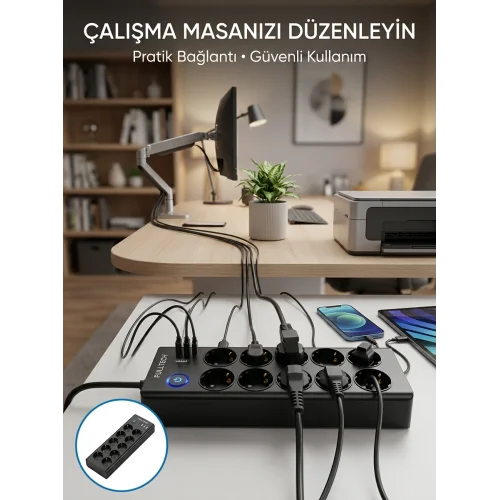 Mey İthalat® Akım Korumalı 10lu Çoklu Priz USB-A ve Type-C Şarj Çıkışlı