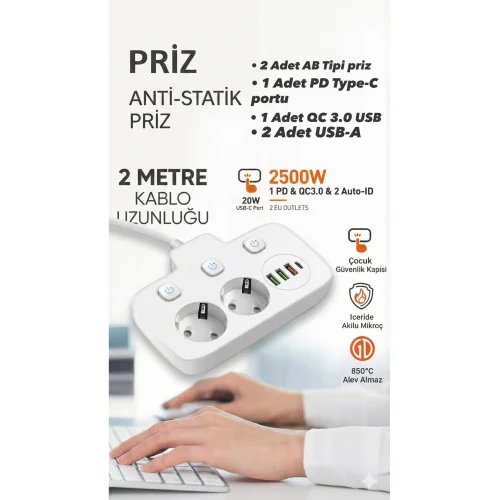 Mey İthalat® Akım Korumalı 2500W Güçlü 3 USB + Type-C Portlu Çoklu Priz | Hızlı Şarj, Çocuk Kilidi, 2 METRE