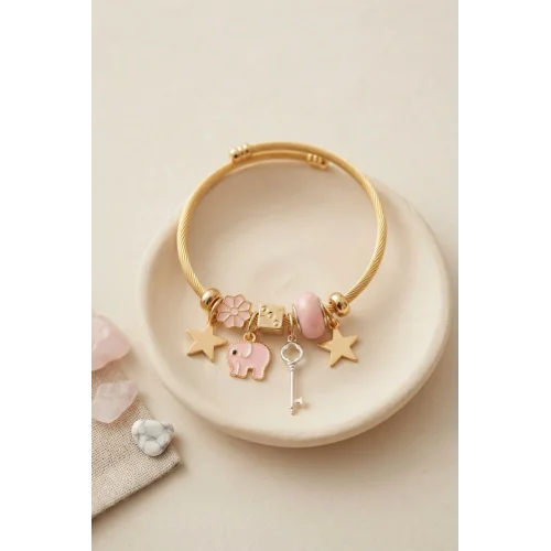 Mey İthalat® Anahtar ve Fil Model Pembe Charmlı Bileklik