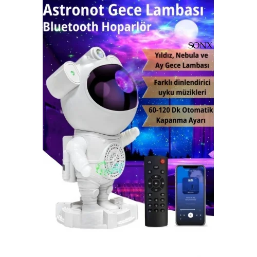 Mey İthalat® Astronot Bluetooth Hoparlör Bulutsusu Galax yAy Tavan Gökyüzü Projektör Zamanlayıcı Gece ası