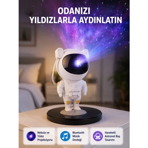 Mey İthalat® Astronot Projeksiyon Lambası Bluetooth Müzikli ve Uzaktan Kumandalı