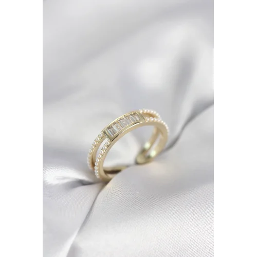 Mey İthalat® Baget Zirkon Taşlı Gold Renk İncili Kadın Yüzük