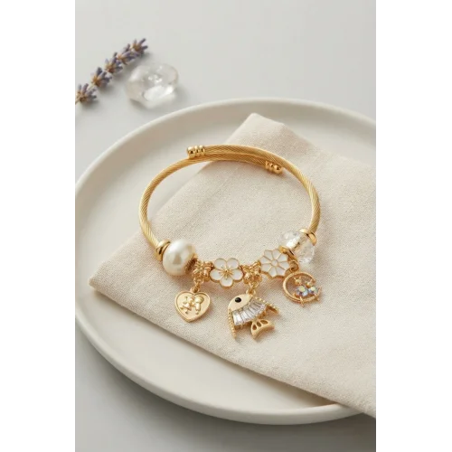 Mey İthalat® Balık Charmlı Beyaz Renk Gold Bileklik