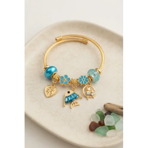 Mey İthalat® Balık Charmlı Mavi Renk Gold Bileklik