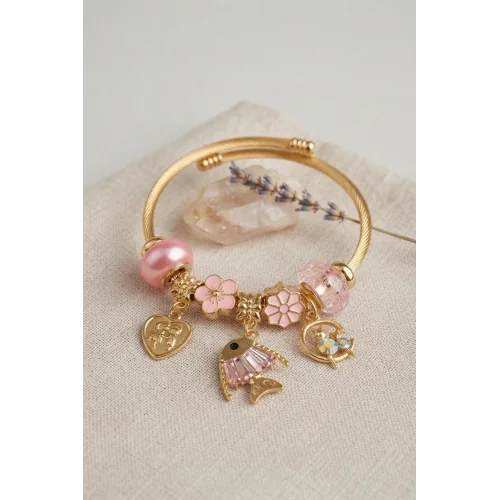 Mey İthalat® Balık Charmlı Pembe Renk Gold Bileklik