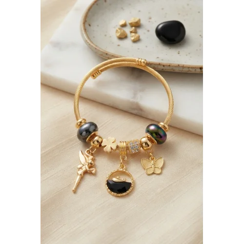 Mey İthalat® Balık ve Tinker Bell Model Siyah Charmlı Bileklik
