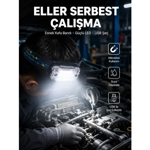 Mey İthalat® Beyaz Led Işık Sensörlü Kafa Lambası Lityum Batarya Led El Fenerli Şarjlı