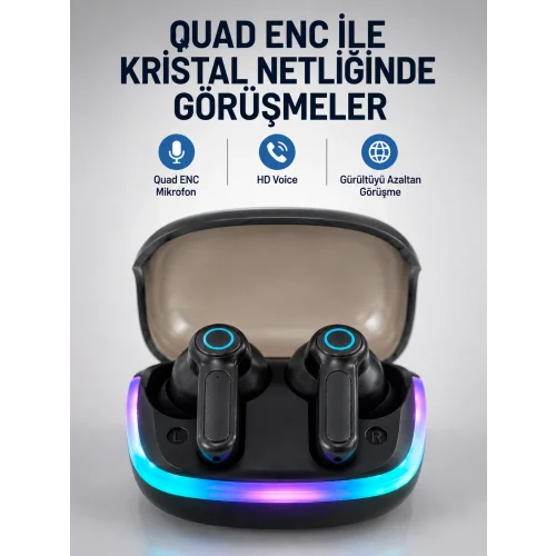 Mey İthalat® Bluetooth 5.4 Kablosuz KulaklıkQuad ENC Mikrofonlu TWS Kulaklık
