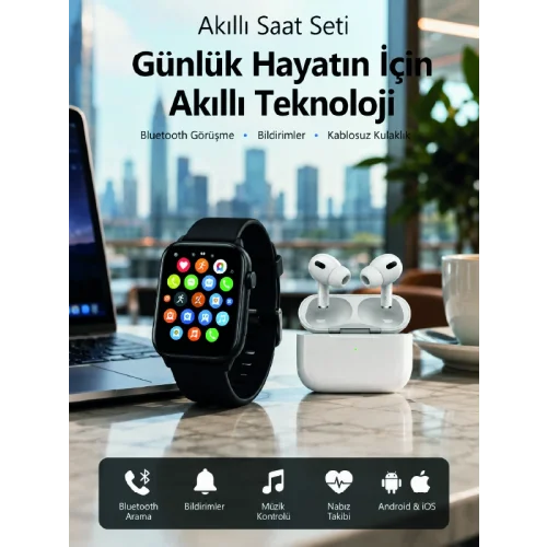 Mey İthalat® Bluetooth Arama Özellikli Akıllı Saat Seti Kablosuz Kulaklık Hediyeli, Android & iOS Uyumlu