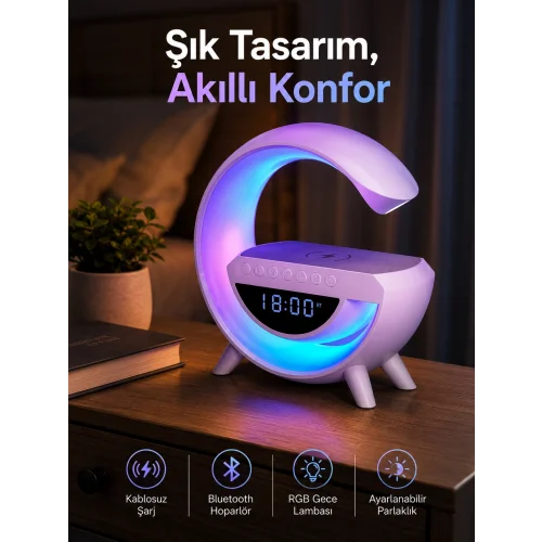 Mey İthalat® Bluetooth Hoparlör 15W Kablosuz Hızlı Şarj LED Gece Lambası