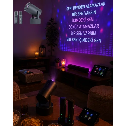 Mey İthalat® Bluetooth Hoparlörlü Akıllı Projektör Kablosuz Karaoke Mikrofonlu