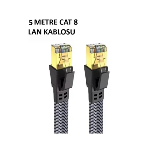Mey İthalat® Cat 8 LAN Kablosu –Ethernet Kablosu Örgü Kaplama, Yüksek Hızlı  (5 METRE)