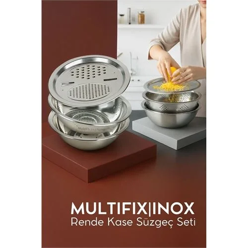 Mey İthalat® Çelik Rende Kase Süzgeç Seti - MultiFix 3 in 1 Paslanmaz Çelik 722050