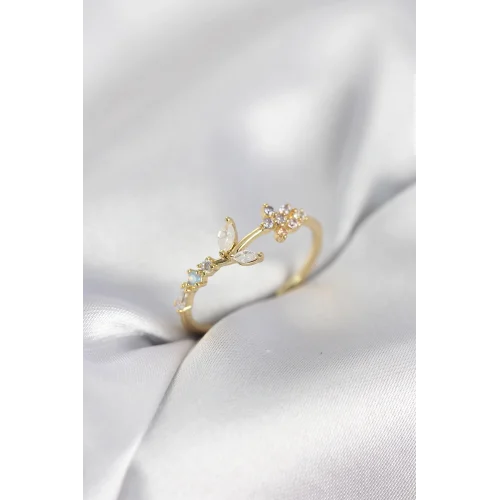 Mey İthalat® Çiçek Model Zirkon Taşlı Gold Renk Kadın Yüzük