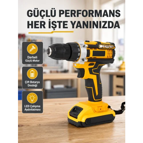 Mey İthalat® Çift Bataryalı Darbeli Şarjlı Matkap Seti – Metal Dişli, 24 Parça Aksesuar ve LED Işıklı