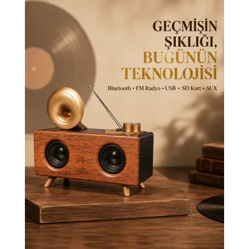 Mey İthalat® Çift Hoparlörlü Retro Bluetooth Speaker 1800mAh Bataryalı AUX USB SD Kartlı