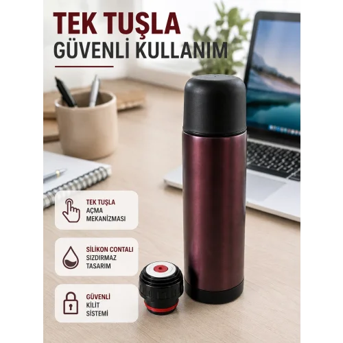 Mey İthalat® Çift Katmanlı Vakumlu Termos Ofis Araç Kamp İçin Paslanmaz Çelik Termos
