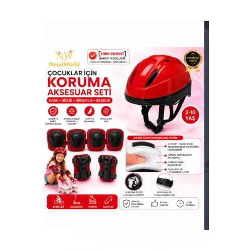 Mey İthalat® Çocuk Kaskı Ve Dizlik, Dirseklik Eldiven Set KIRMIZ/KIRMIZISİYAH