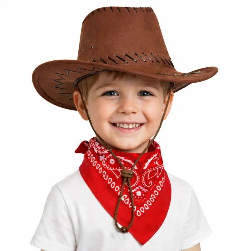 Mey İthalat® Çocuk Kovboy Şapka Kahverengi & Kırmızı Bandana Seti