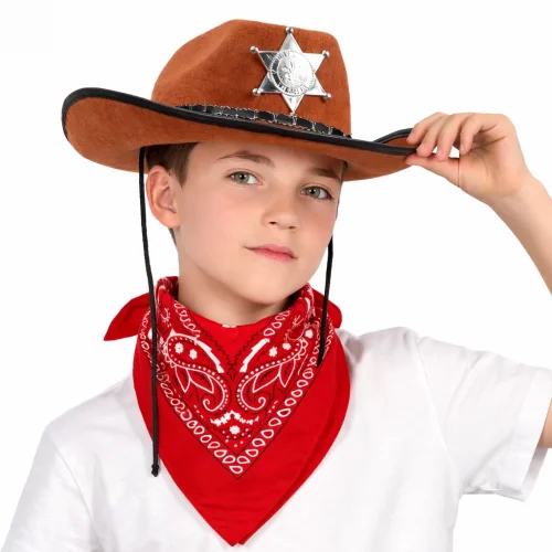 Mey İthalat® Çocuk Kovboy Şapka Rozetli Kahverengi & Kırmızı Bandana Seti