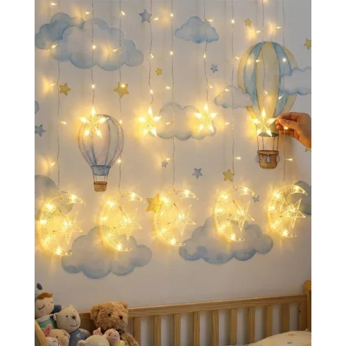 Mey İthalat® Dekoratif Ay Yıldız Perde Işığı Sıcak Beyaz Festival ve Ev Süsleme