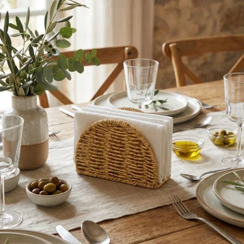 Mey İthalat®  Dekoratif Plastik Rattan Yarım Yuvarlak Peçetelik–Doğal Hasır Dokulu Masaüstü Peçete Standı