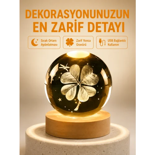 Mey İthalat® Dekoratif Yonca Görünümlü Işıklı Kristal Cam Küre USB Masa Gece Lambası