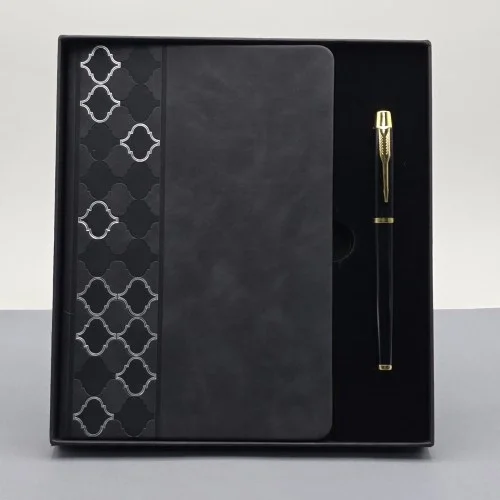 Mey İthalat®  Desenli Siyah Deri Defter Kalem Set