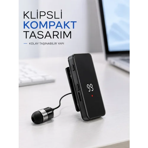 Mey İthalat® Dijital Ekranlı Bluetooth Kulaklık Tek Kulaklıklı Klipsli Kompakt Tasarım