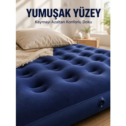 Mey İthalat® Dış Mekan Şişme Yatak Çift Kişilik Flokeli Yüzey Konforlu Kullanım