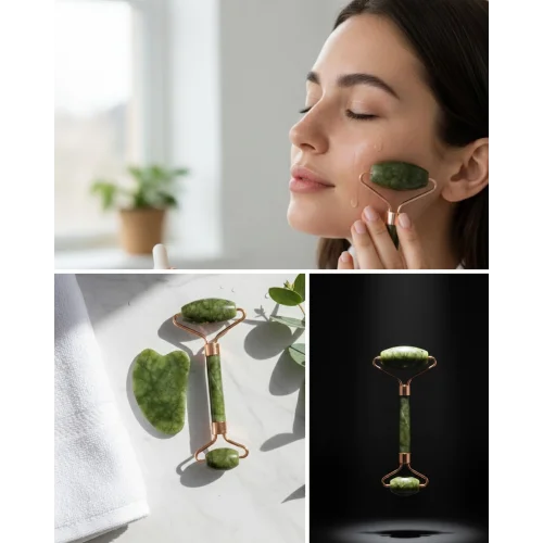 Mey İthalat® Doğal Yeşim Roller ve Gua Sha Yüz Şekillendirme Seti