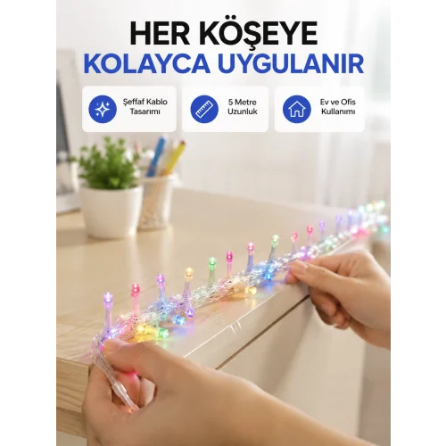 Mey İthalat® Enerji Tasarruflu Şeffaf Kablo 5 m 50 LED Dekor Işık