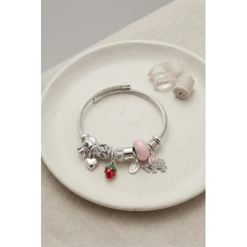 Mey İthalat® Fil Çilek ve Kalp Pembe Charmlı Bileklik