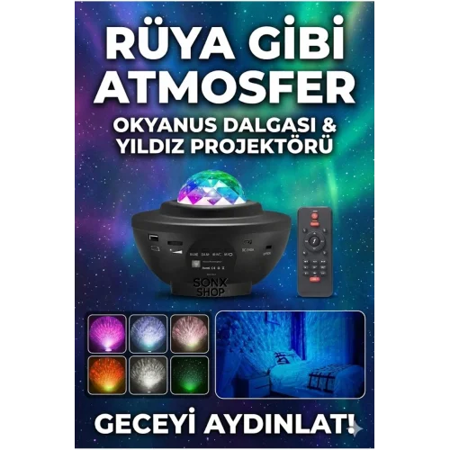 Mey İthalat® Galaksi Yıldız Projektörü ve Bluetooth Hoparlör 10 Renk Modlu Okyanus Dalgalı Gece & Disko ası
