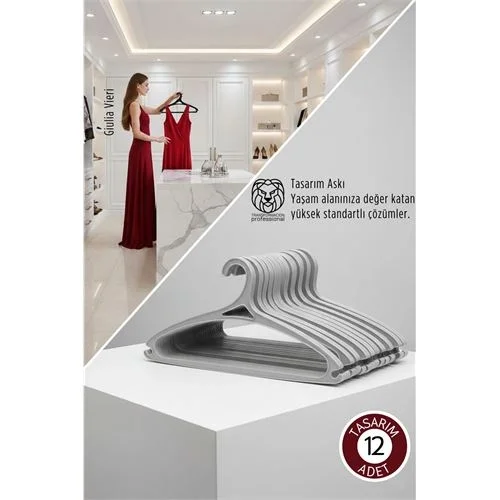 Mey İthalat® Giulia Vieri Selection: 12li Premium İtalyan Tasarım İnce Siluet Kaymaz Elbise Askısı Seti GRİ