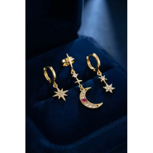 Mey İthalat® Gold Renk 3 lü Ay ve Yıldız Model Küpe