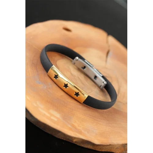 Mey İthalat® Gold Renk Çelik Yıldızlı Tasarım Siyah Renk Silikon Erkek Bileklik