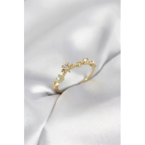 Mey İthalat® Gold Renk Gece Temalı Zirkon Taşlı Kadın Yüzük