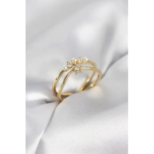 Mey İthalat® Gold Renk İncili Yıldız Model Zirkon Taşlı Kadın Yüzük