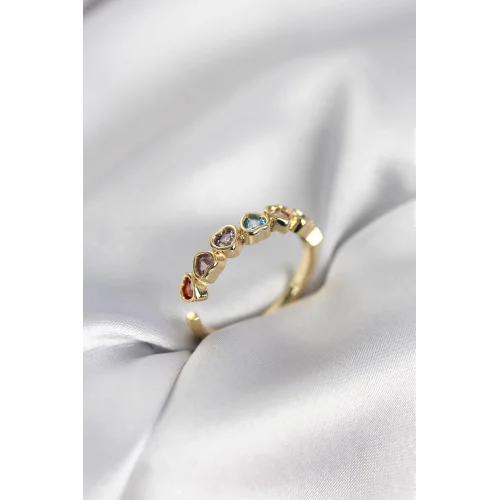 Mey İthalat® Gold Renk Kalp Model Renkli Zirkon Taşlı Kadın Yüzük