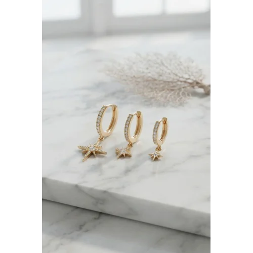 Mey İthalat® Gold Renk Kutup Yıldız Model 3 lü Küpe Seti