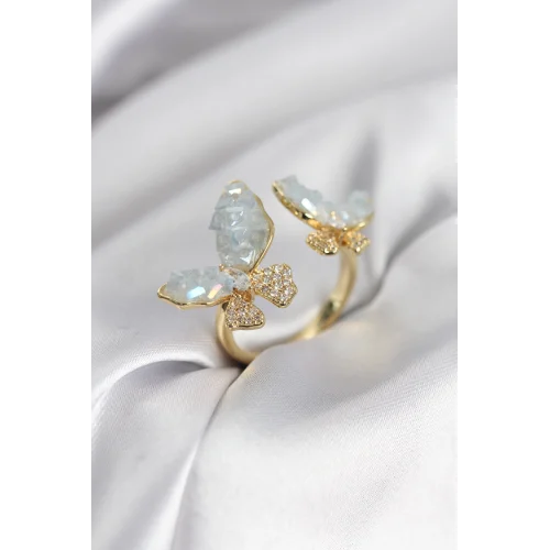 Mey İthalat® Gold Renk Mavi Kelebek Model Zirkon Taşlı Kadın Yüzük